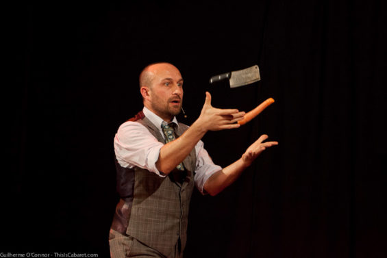 Mat Ricardo shows his prowess in keeping safe from knives thrown in the air