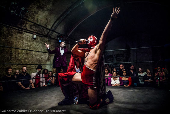 The Emperor (Randolph Hott) taunts the crowd before the wrestling match at Carnesky's Tarot Drome