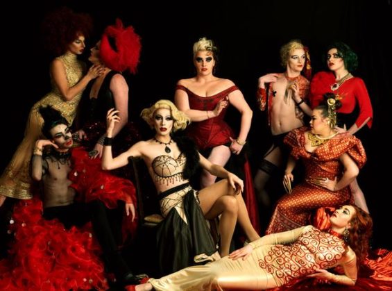 Members of the Familyyy Fierce: Miss Cairo, Bourgeoisie (red net headdress), Bambi Hunty (black fishnet top and red jacket), Meth, Rubyyy Jones, Ruby Wednesday (with Lolo) Lolo Brow, Lilly Snatchdragon and Scarlett O'Hora