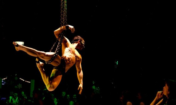 Stephen Williams performs on aerial chains